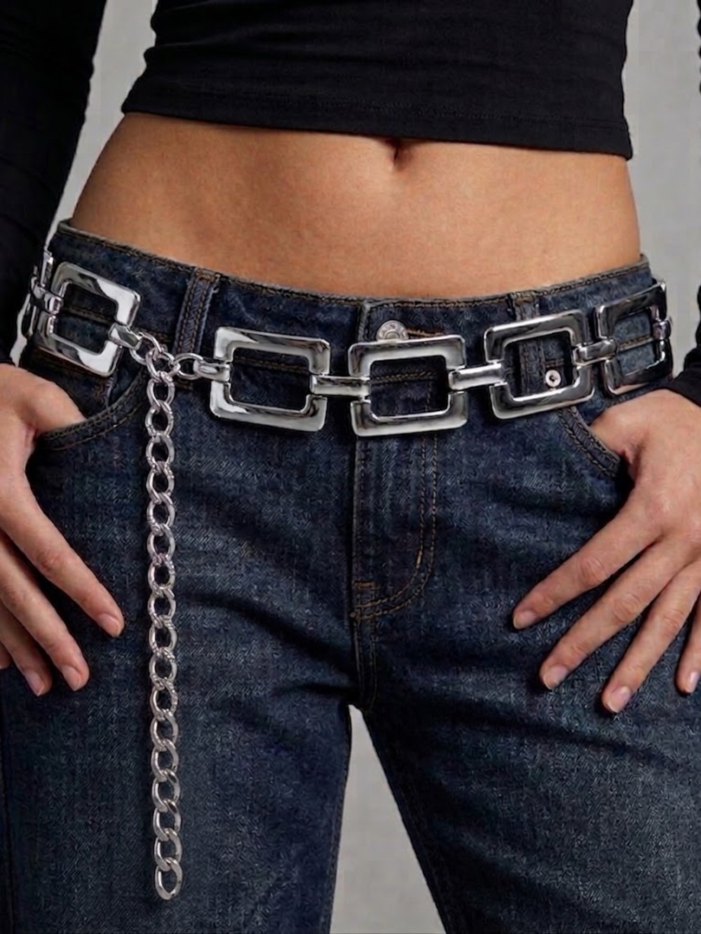Vintage Y2K Silver Square Link Chain Belt/ Adjustable Geometric Metal Waist Belt